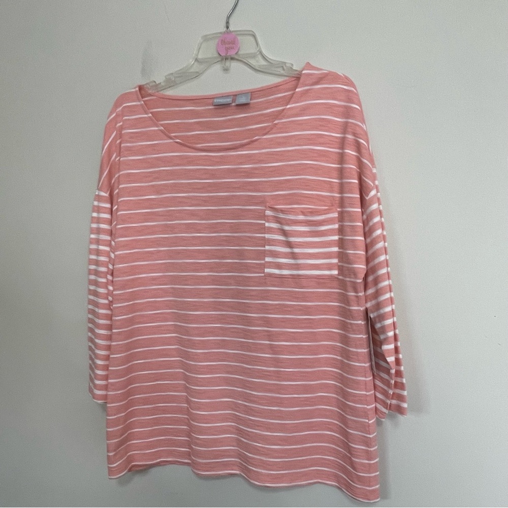 Chico's Soft Pink Striped Top~Size US Large
~ Casual~ Comfy ~ Weekender* NWT